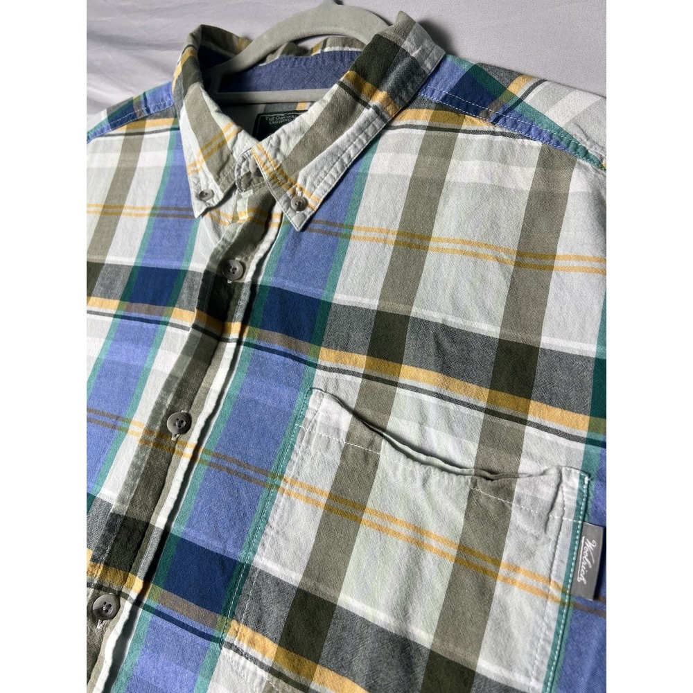 Woolrich Plaid Button Down Shirt Men's 2XL XXL White Blue Short Sleeve Cotton